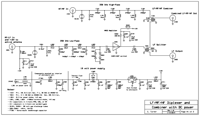 Schematic diagram VLF/LF/MF/HF combiner/filter/amplifier module