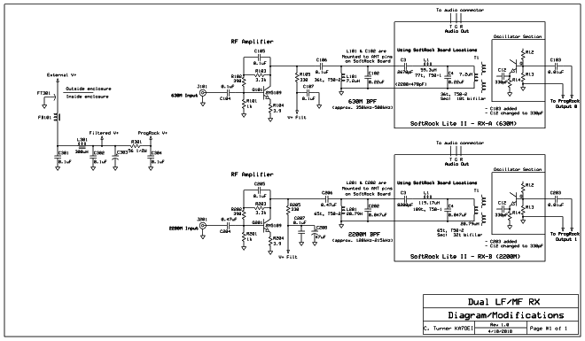 Schematic diagram of the 630 and 2200 meter modified Softrock Lite II receivers