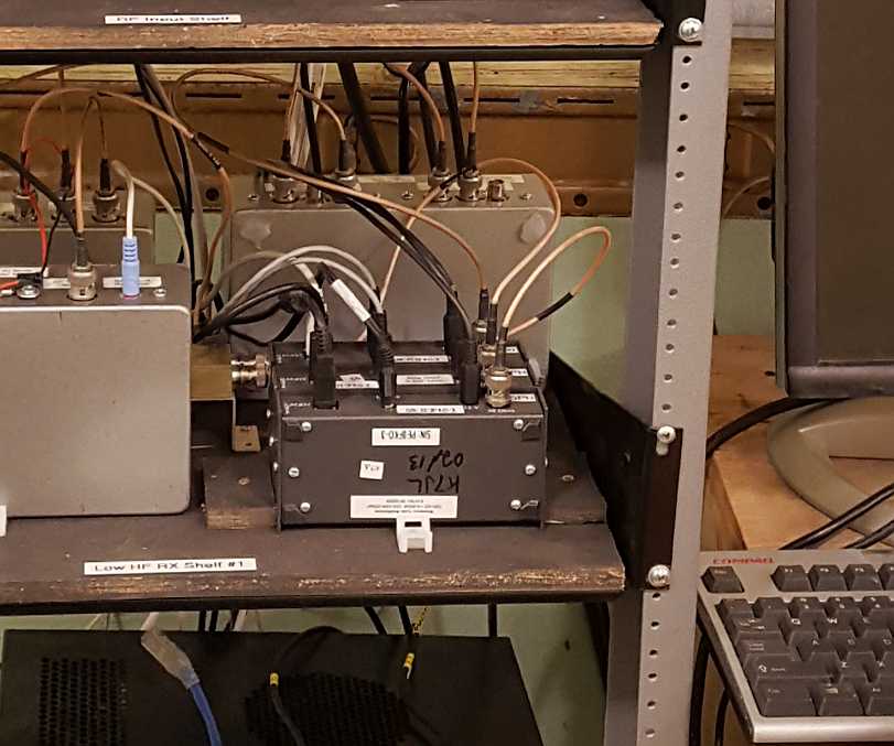 The three Softrock Ensemble II receivers on the RF shelf